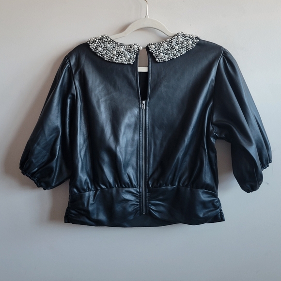 Anthropologie Maeve Faux Leather Puff-Sleeve Blouse - Picture 8 of 10